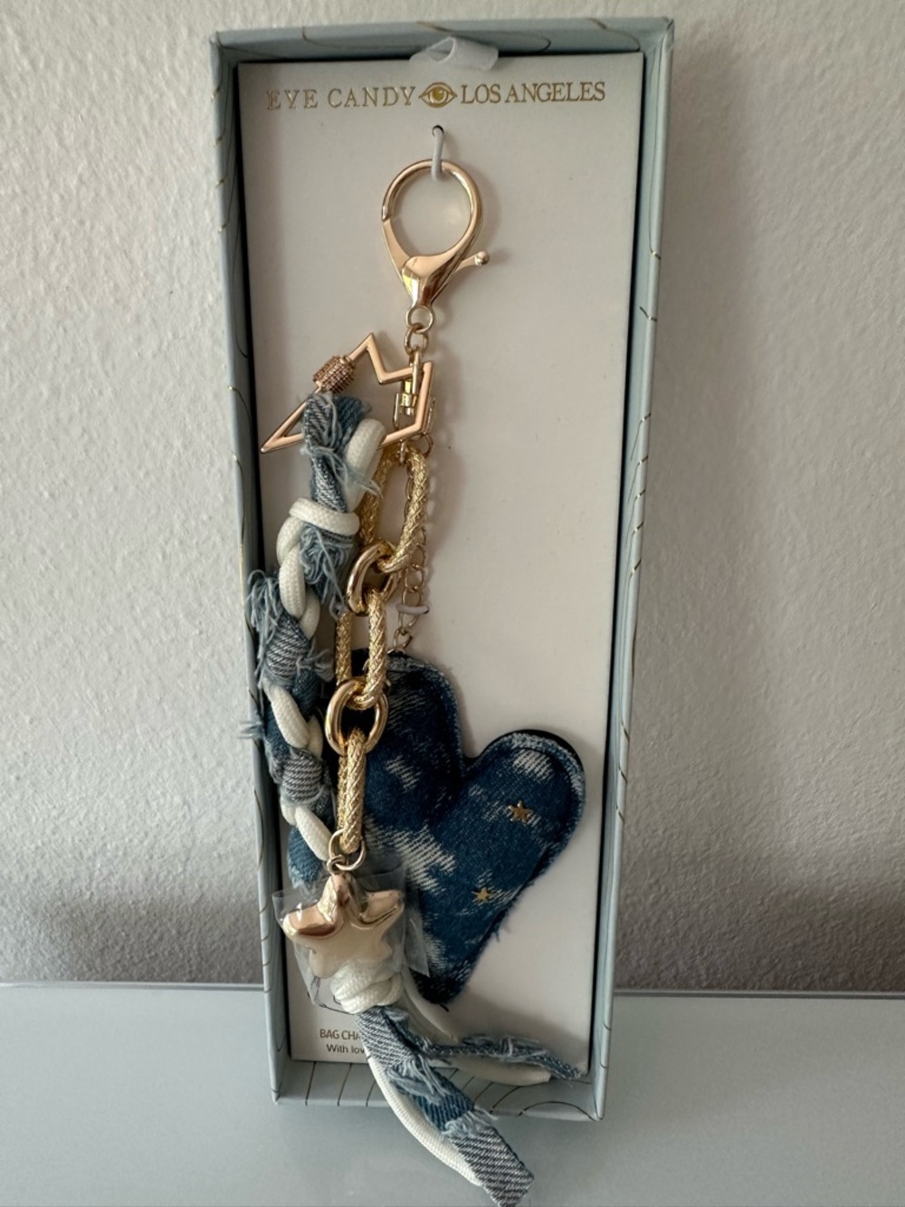 Eye Candy Los Angeles Denim Heart Keychain with Gold Stars, new in box. - Picture 4 of 7